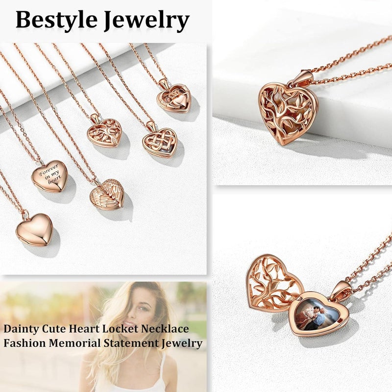 Bestyle Sterling Silver Heart Locket Necklace for Women, Dainty Cute Small Heart Locket Pendant in Gold/Rose Gold/Silver, Love Statement Jewelry Gift for Mother Wife - Image 3